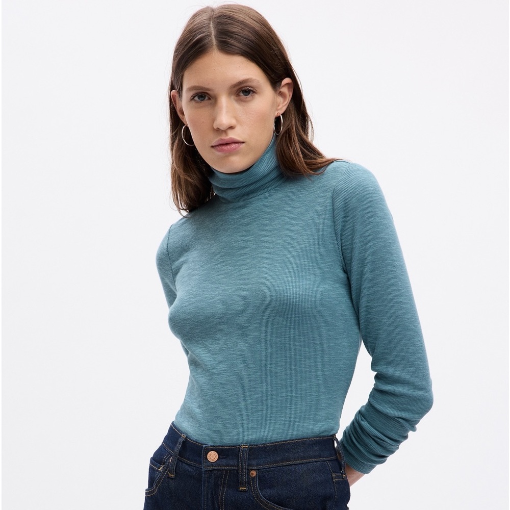 GAP NWT XXL Essential Rib Turtleneck T-Shirt in Blue Wonder Turquoise • Ribbed